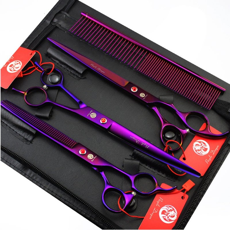 Purple Dragon 8 inch 3 in 1 Professional Pet Grooming Thinning Scissors - Upward Curved Shears and Dog Hair Cutting Scissor - Perfect for Pet Groomer or Family DIY Use (Purple) - Image 1